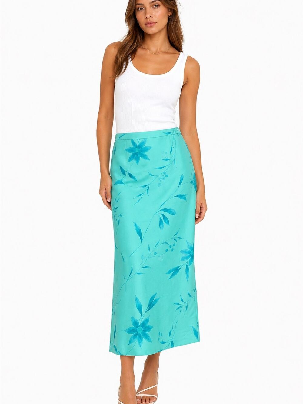 Jones New York Silk Aqua Floral Maxi Pencil Skirt Size 6 Maxi Ankle Botanical
